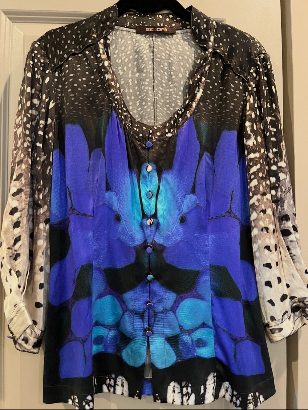 Like New Roberto Cavalli Women's Blue Floral-Print Button Front Top